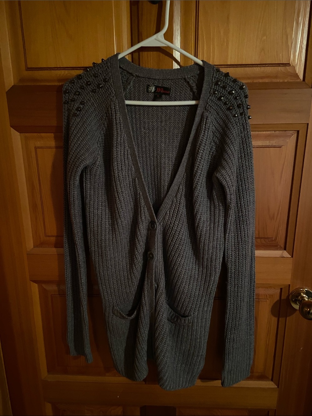 Embellished Shoulder Rib-Knit Cardigan - Gray